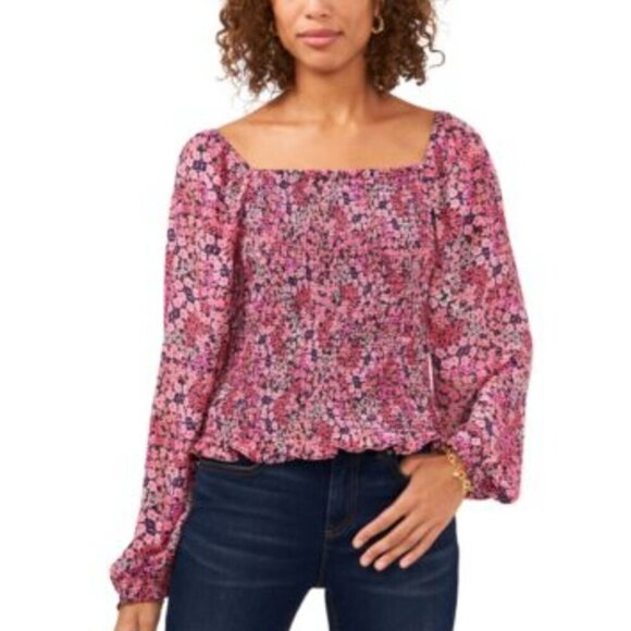 Vince Camuto Tops - Vince Camuto  Pink Floral Smocked Square Neck Long Sleeve Blouse With Ruffle Hem